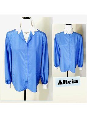 ALICIA Blue White Trim Blouse Polyester L-Sleeve Collar Button Down Relaxed Fit